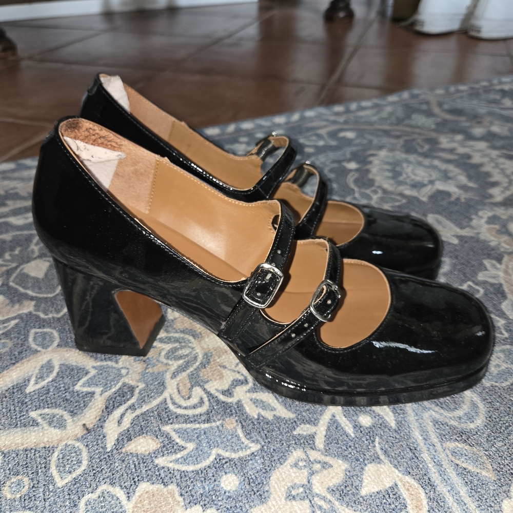 Parisian Black Patent Leather Double Strap Heels